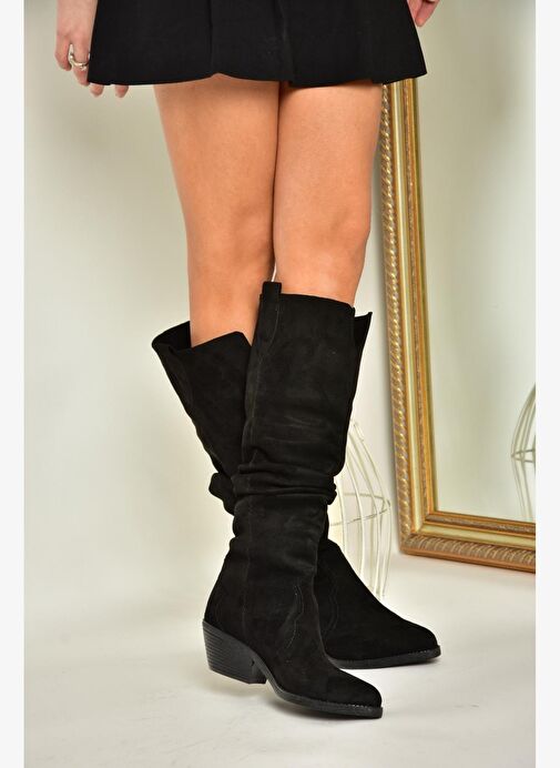 T404401002 Siyah Süet Büzgülü Kadın Çizme - Görsel 4