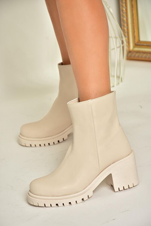 T726911109 Bej Kalın Topuklu Kadın Bot - Görsel 3