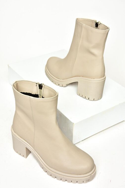 T726911109 Bej Kalın Topuklu Kadın Bot - Görsel 6