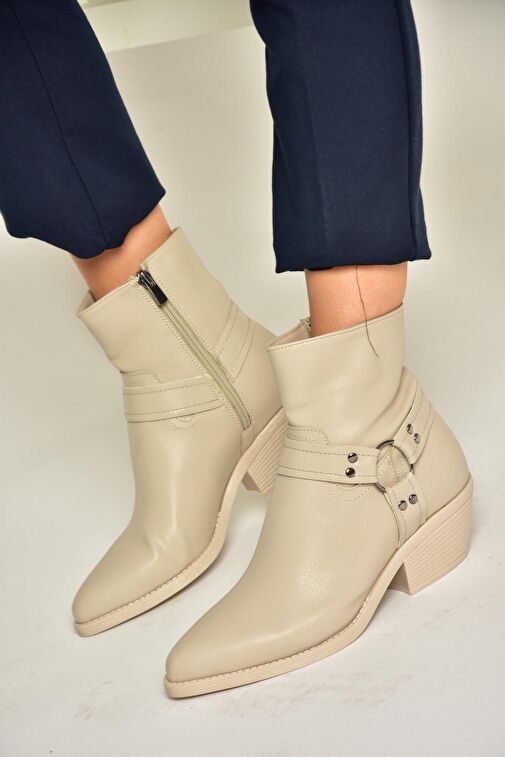 T404400609 Bej Kalın Topuklu Kadın Bot - Görsel 2