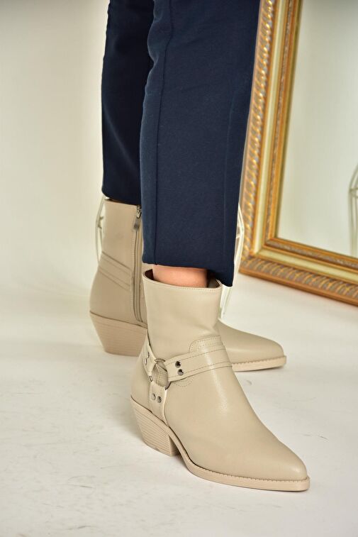 T404400609 Bej Kalın Topuklu Kadın Bot - Görsel 3