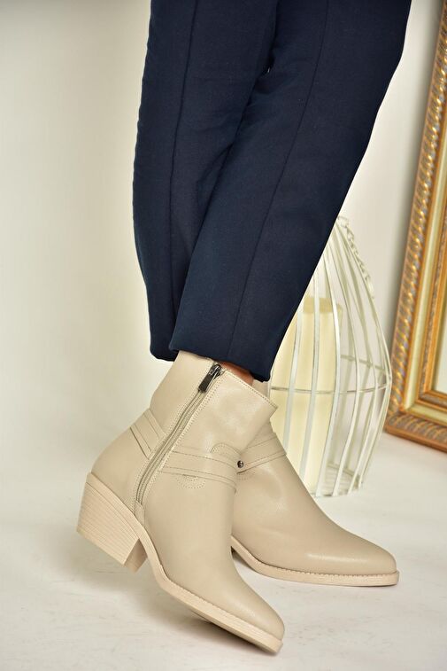 T404400609 Bej Kalın Topuklu Kadın Bot - Görsel 4