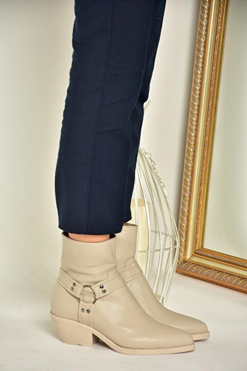 T404400609 Bej Kalın Topuklu Kadın Bot - Görsel 5