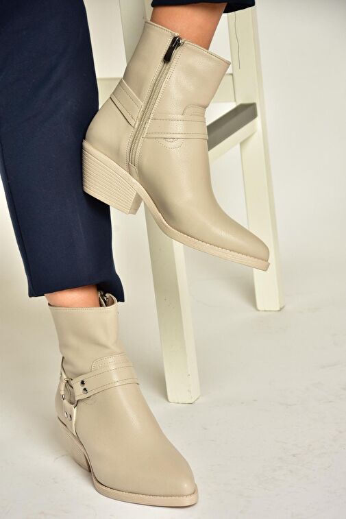 T404400609 Bej Kalın Topuklu Kadın Bot - Görsel 6