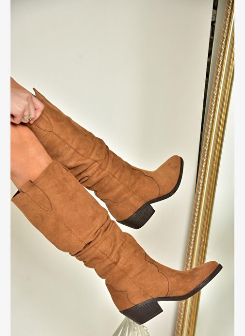 T404401002 Taba Süet Büzgülü Kadın Çizme - Görsel 5