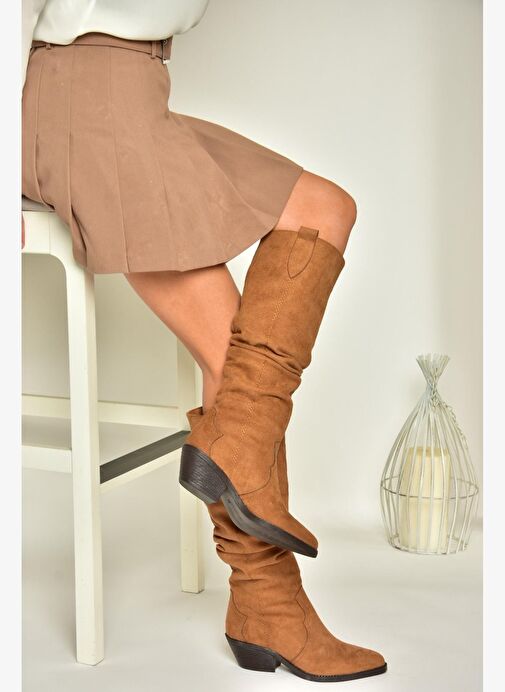 T404401002 Taba Süet Büzgülü Kadın Çizme - Görsel 4