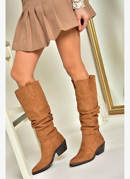 T404401002 Taba Süet Büzgülü Kadın Çizme - Görsel 2