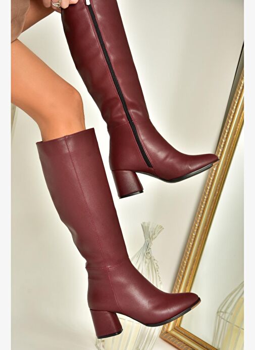 J848300109 Bordo Kalın Topuklu Kadın Çizme - Görsel 2