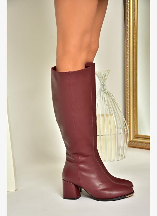 J848300109 Bordo Kalın Topuklu Kadın Çizme - Görsel 5