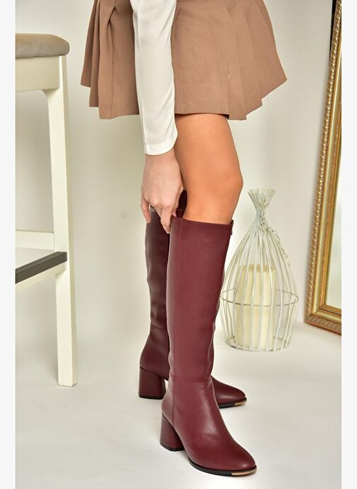 J848300109 Bordo Kalın Topuklu Kadın Çizme - Görsel 4