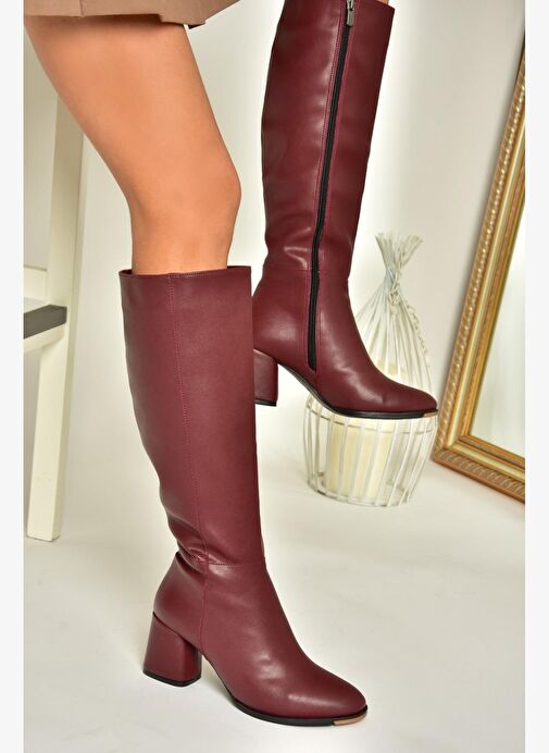J848300109 Bordo Kalın Topuklu Kadın Çizme - Görsel 3