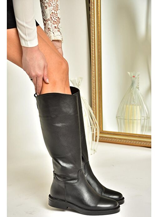 T654060603 Siyah Hakiki Deri Düz Tabanlı Kadın Ayakkabı - Görsel 3