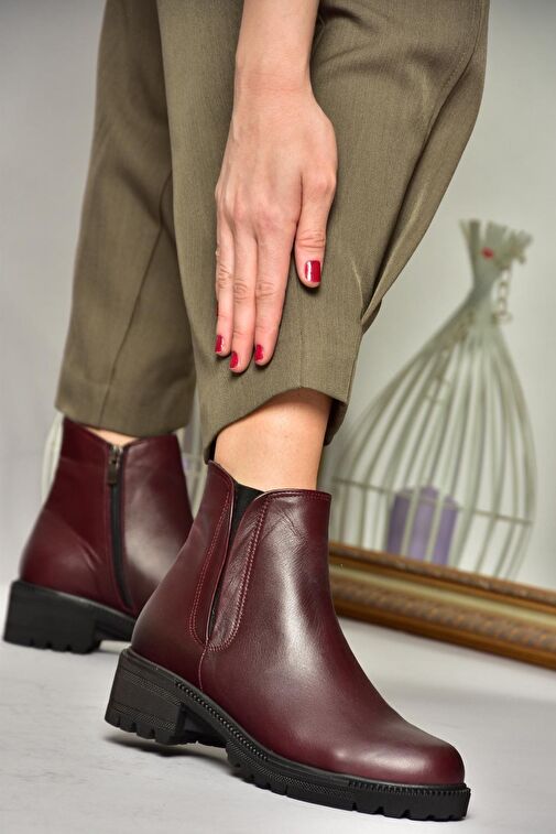 J654011903 Bordo Hakiki Deri Kadın Bot - Görsel 2