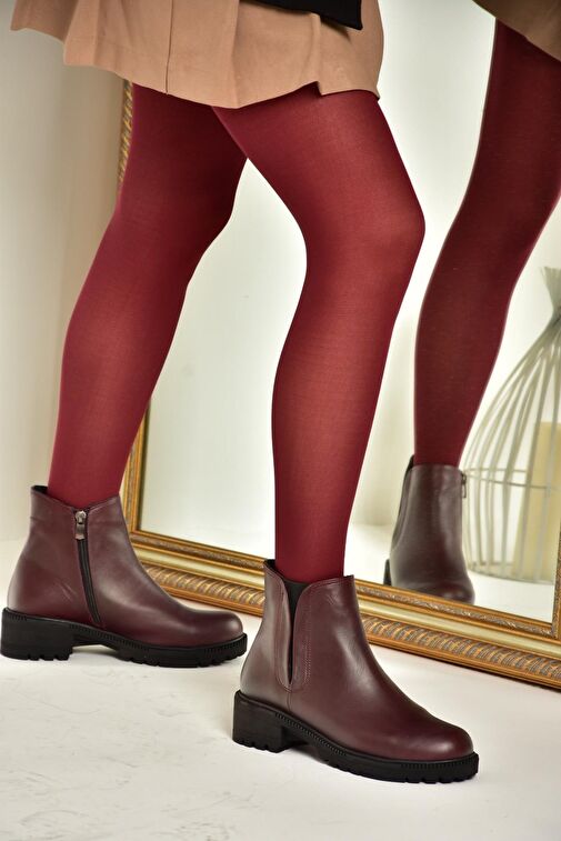 J654011903 Bordo Hakiki Deri Kadın Bot - Görsel 3