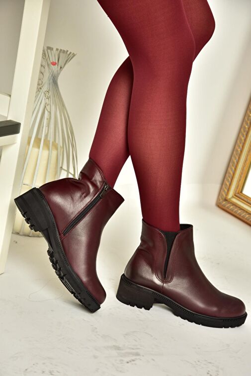 J654011903 Bordo Hakiki Deri Kadın Bot - Görsel 4
