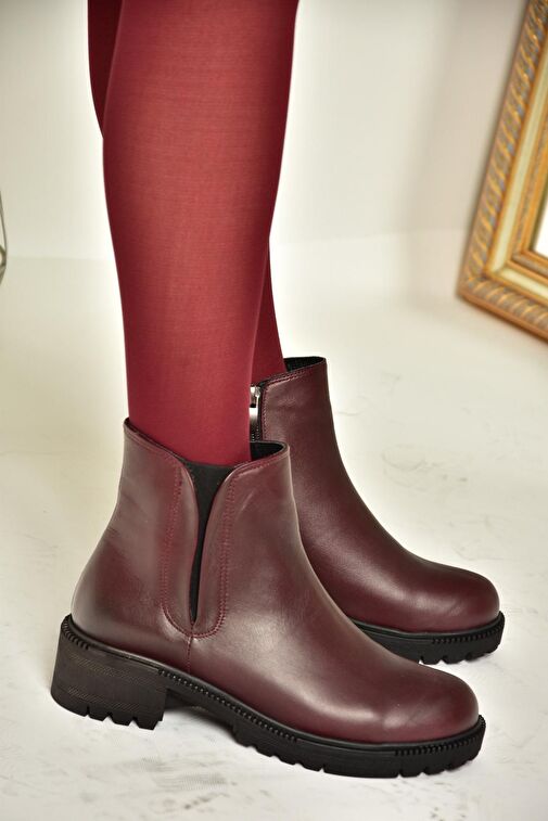 J654011903 Bordo Hakiki Deri Kadın Bot - Görsel 5