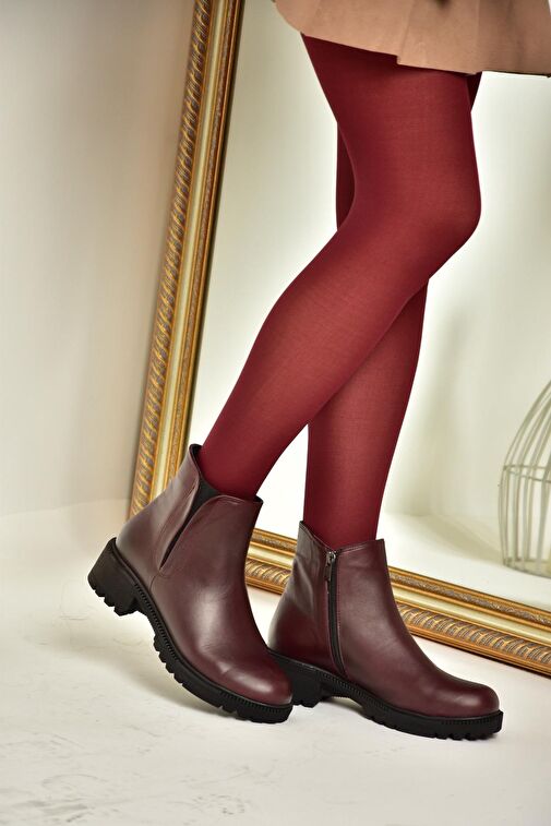 J654011903 Bordo Hakiki Deri Kadın Bot - Görsel 6