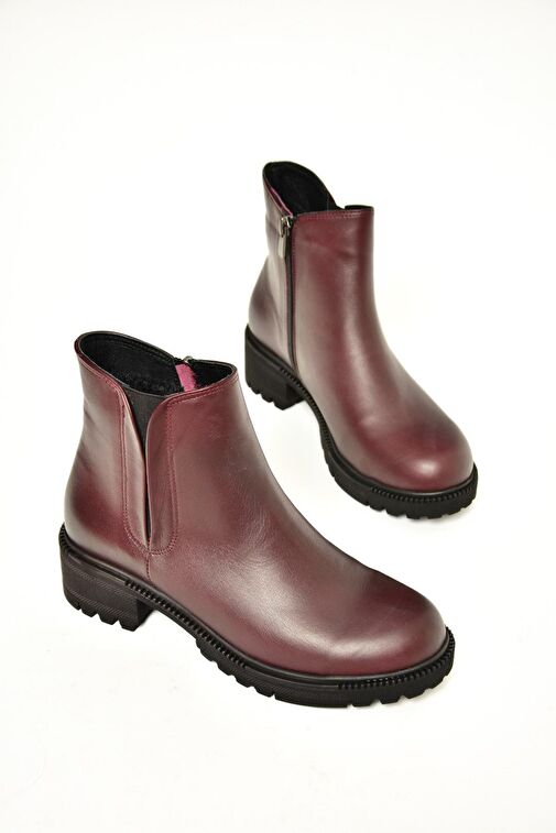 J654011903 Bordo Hakiki Deri Kadın Bot - Görsel 7