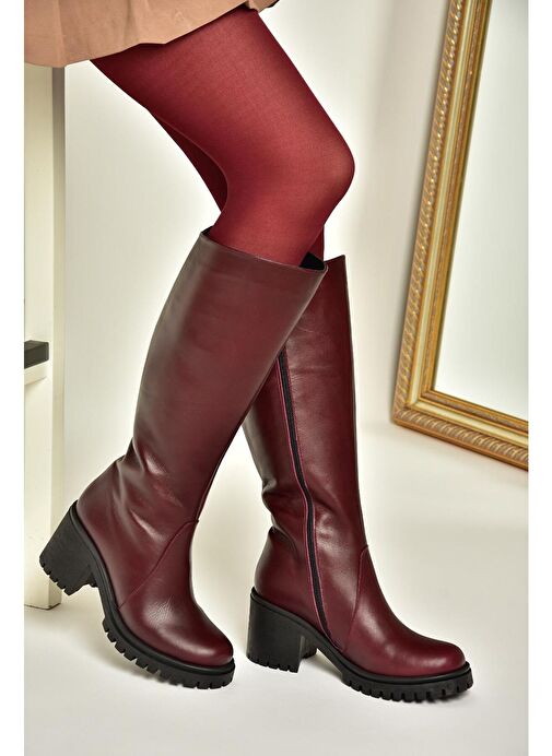 R654047703 Bordo Hakiki Deri Kalın Topuklu Kadın Çizme - Görsel 2