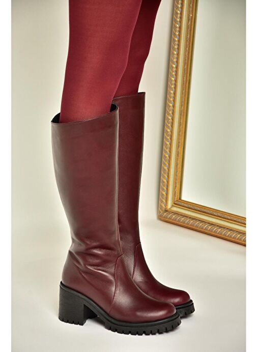 R654047703 Bordo Hakiki Deri Kalın Topuklu Kadın Çizme - Görsel 3