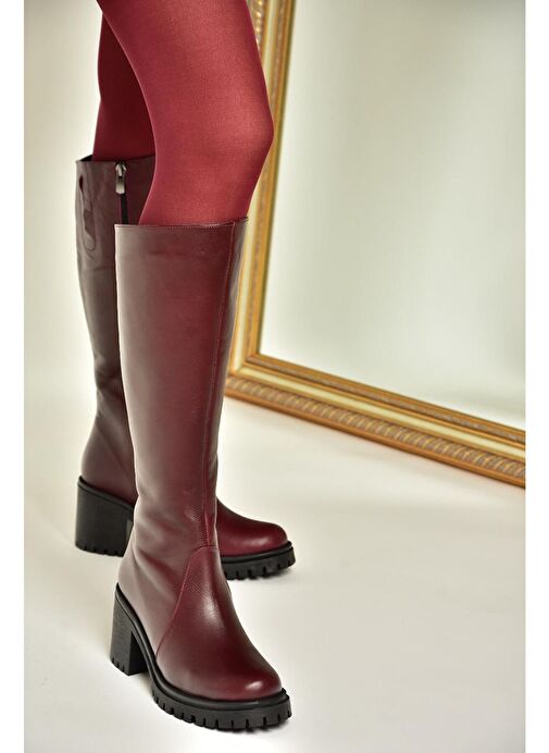 R654047703 Bordo Hakiki Deri Kalın Topuklu Kadın Çizme - Görsel 4