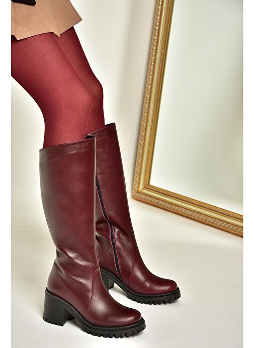 R654047703 Bordo Hakiki Deri Kalın Topuklu Kadın Çizme - Görsel 5