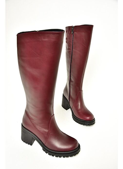 R654047703 Bordo Hakiki Deri Kalın Topuklu Kadın Çizme - Görsel 6