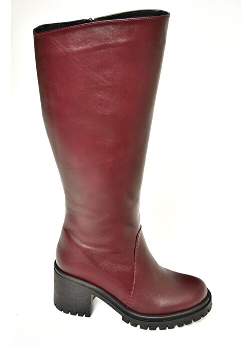 R654047703 Bordo Hakiki Deri Kalın Topuklu Kadın Çizme - Görsel 7