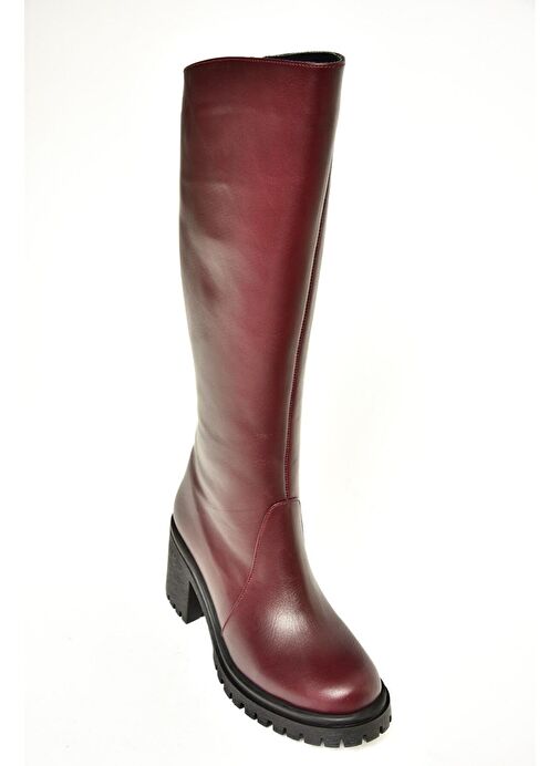 R654047703 Bordo Hakiki Deri Kalın Topuklu Kadın Çizme - Görsel 8