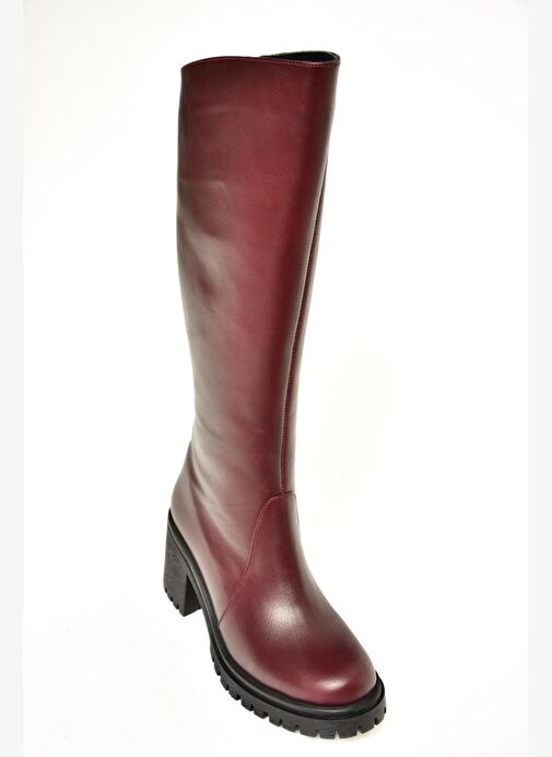 R654047703 Bordo Hakiki Deri Kalın Topuklu Kadın Çizme - Görsel 8