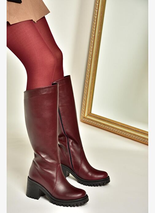 R654047703 Bordo Hakiki Deri Kalın Topuklu Kadın Çizme - Görsel 5