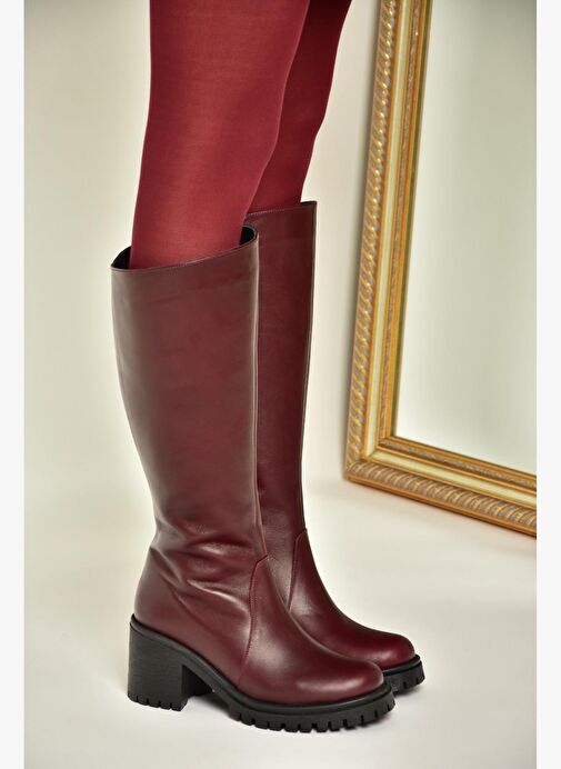 R654047703 Bordo Hakiki Deri Kalın Topuklu Kadın Çizme - Görsel 3