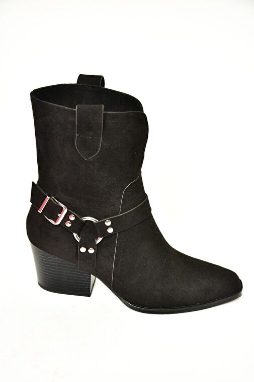 T296094002 Siyah Süet Kovboy Model Kalın Tabanlı Kadın Bot - Görsel 3