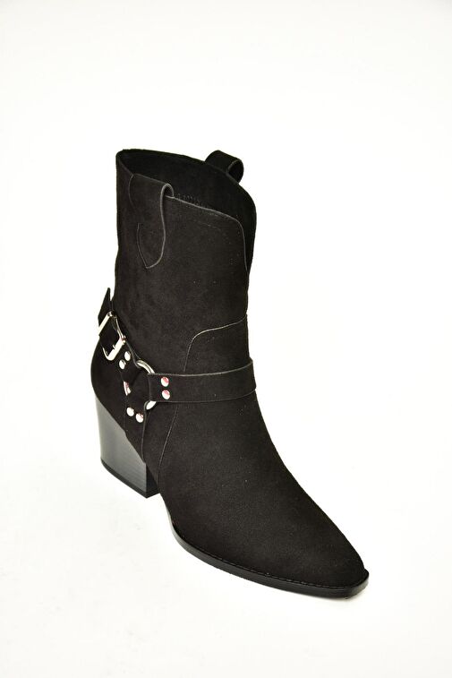 T296094002 Siyah Süet Kovboy Model Kalın Tabanlı Kadın Bot - Görsel 4