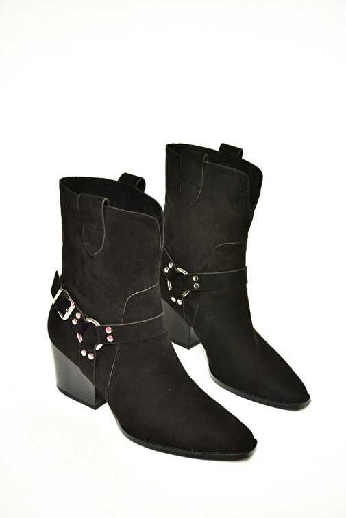 T296094002 Siyah Süet Kovboy Model Kalın Tabanlı Kadın Bot - Görsel 5