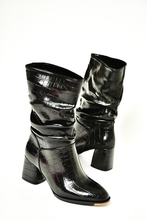 T848243011 Siyah Kroko Baskı Kalın Topuklu Kadın Bot - Görsel 6
