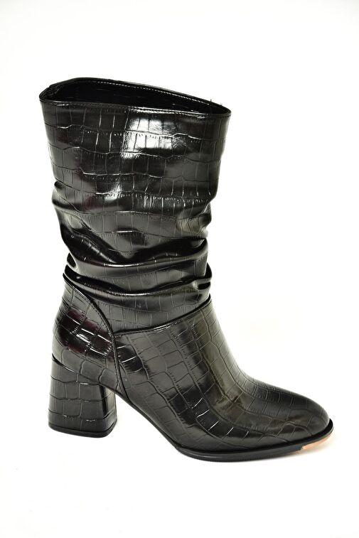 T848243011 Siyah Kroko Baskı Kalın Topuklu Kadın Bot - Görsel 7