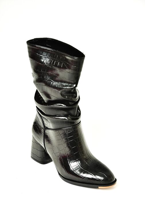 T848243011 Siyah Kroko Baskı Kalın Topuklu Kadın Bot - Görsel 8