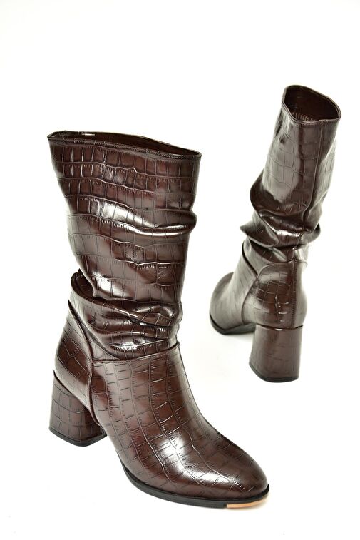 T848243011 Kahverengi Kroko Baskı Kalın Topuklu Kadın Bot - Görsel 6