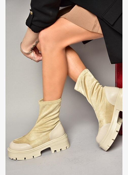 T267093702 Bej Süet Kalın Tabanlı Kadın Bot - Görsel 2
