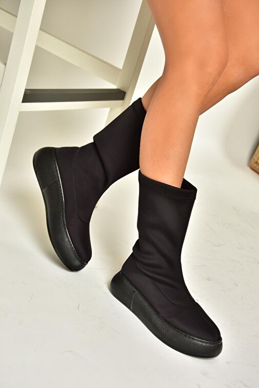 T811230904 Siyah Kumaş Kalın Tabanlı Kadın Bot - Görsel 4