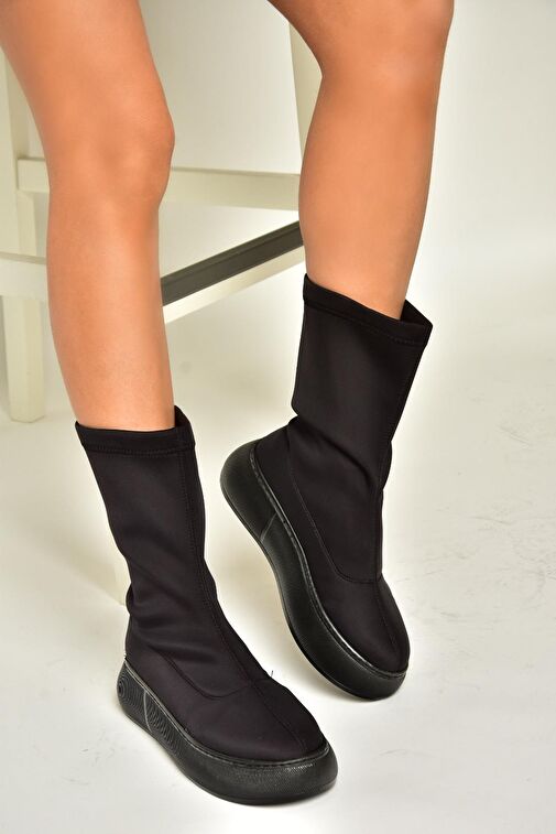 T811230904 Siyah Kumaş Kalın Tabanlı Kadın Bot - Görsel 5