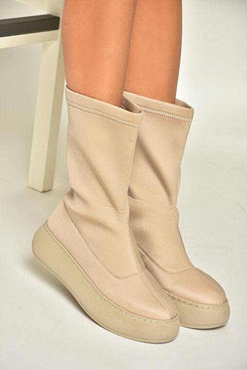 T811230904 Bej Kumaş Kalın Tabanlı Kadın Bot - Görsel 2