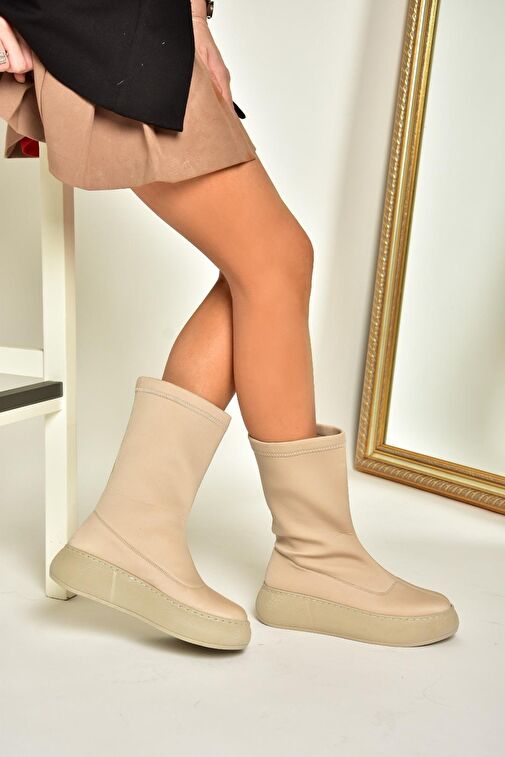 T811230904 Bej Kumaş Kalın Tabanlı Kadın Bot - Görsel 4