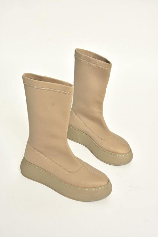 T811230904 Bej Kumaş Kalın Tabanlı Kadın Bot - Görsel 5