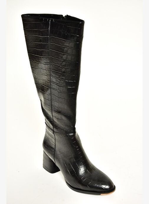 J848300111 Siyah Kroko Baskı Kalın Topuklu Kadın Çizme - Görsel 8