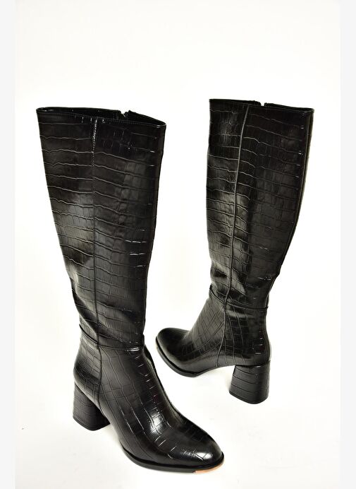 J848300111 Siyah Kroko Baskı Kalın Topuklu Kadın Çizme - Görsel 6