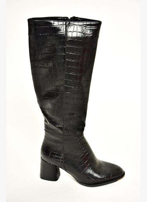 J848300111 Siyah Kroko Baskı Kalın Topuklu Kadın Çizme - Görsel 7