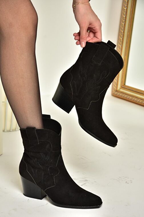T296112002 Siyah Süet Kalın Topuklu Kadın Bot - Görsel 2