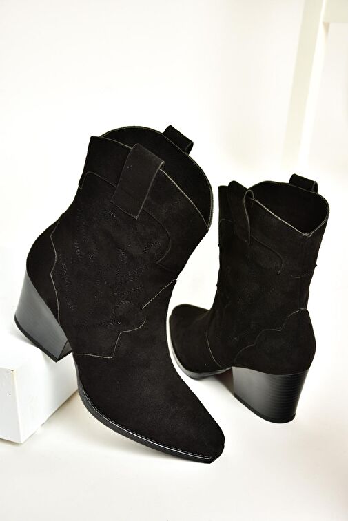 T296112002 Siyah Süet Kalın Topuklu Kadın Bot - Görsel 6